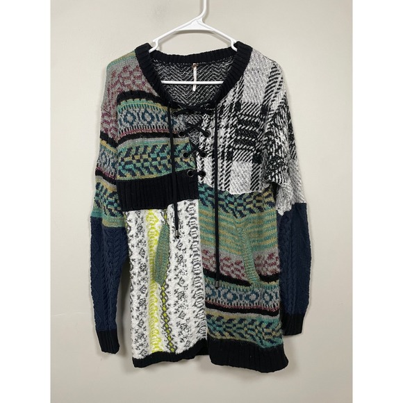 Free People Sweaters - Free‎ People Patchwork Knit Lace Up Wool Blend Sweater Size Small Boho Cozy